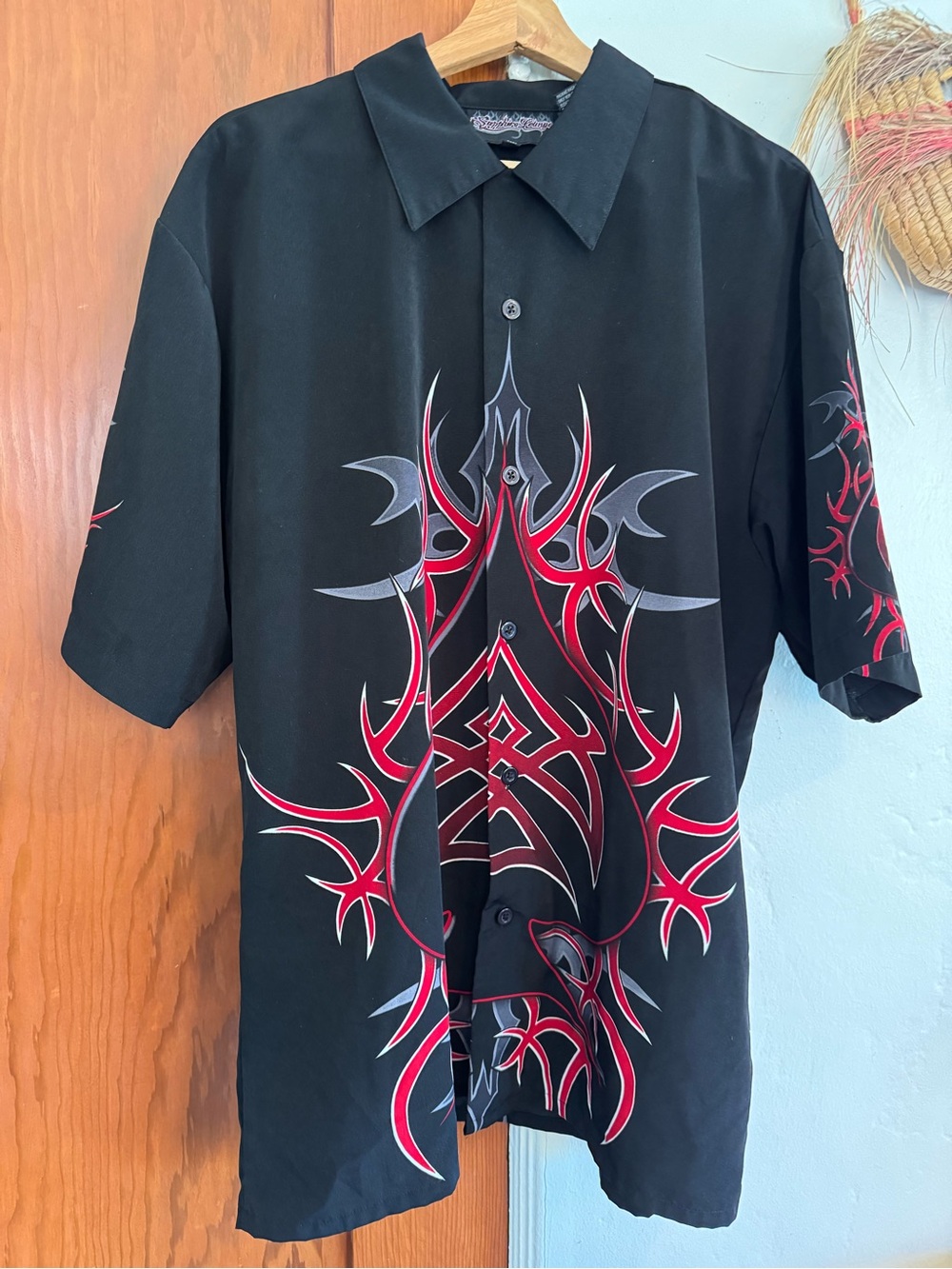 Men's Black Button-Down Shirt with Red & Gray Tribal Graphic